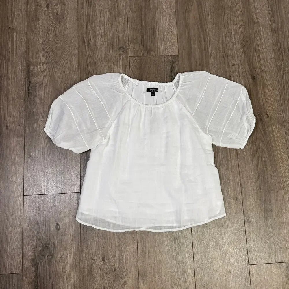 J.Crew Puff-Sleeve Top Sz S White Ramie Pintuck Shoulder Gathered Crew Neckline